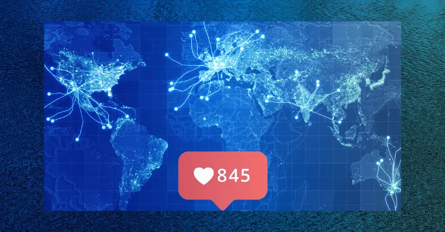 mapa del mundo con una notificación de me gusta