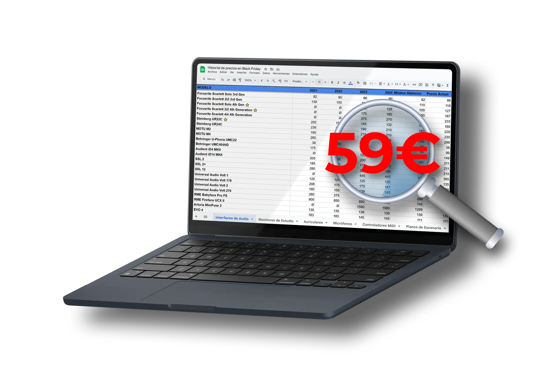 Excel historial de precios durante el Black Friday para productores musicales